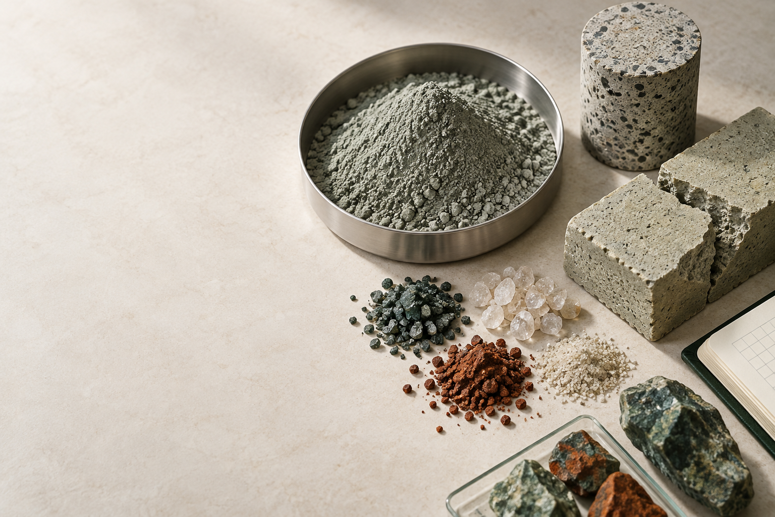 Tailings powder, mineral grains, and construction material test specimens